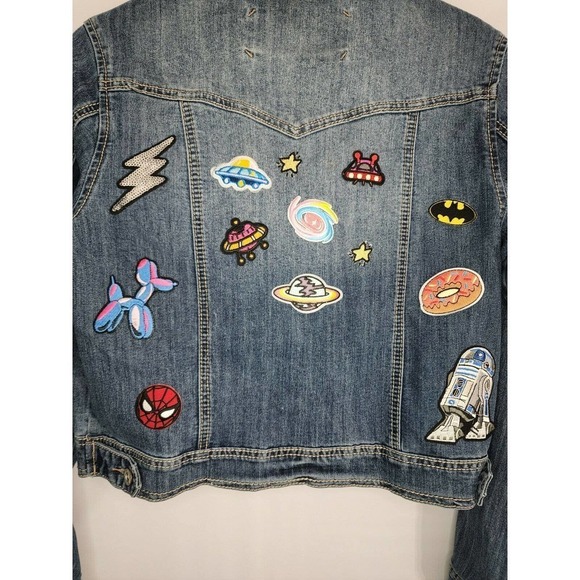 Jean Jacket Embellished Sequin Embroidered Patches Pins Button Up Women’s Sz S - Picture 6 of 12